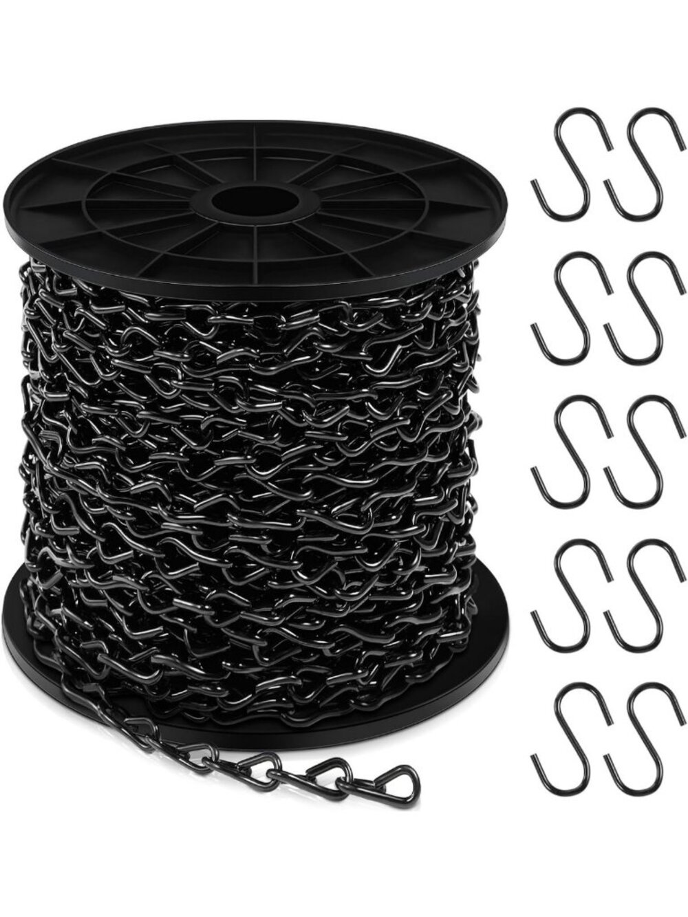 150ft Black Hanging Jack Chain with 10 S Hooks - Durable, Versatile, 2mm